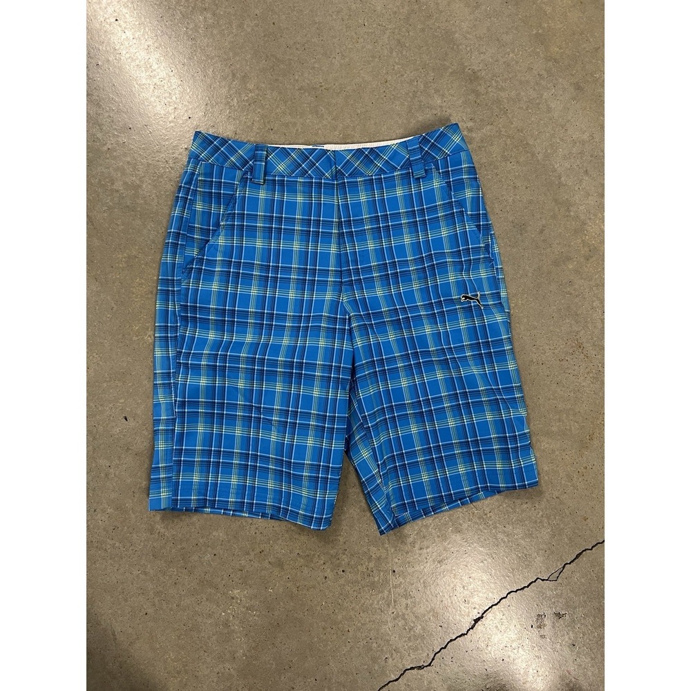 Puma Shorts Golf Plaid Tech Mens 30 Blue Striped DryCell Flat Performance Blend